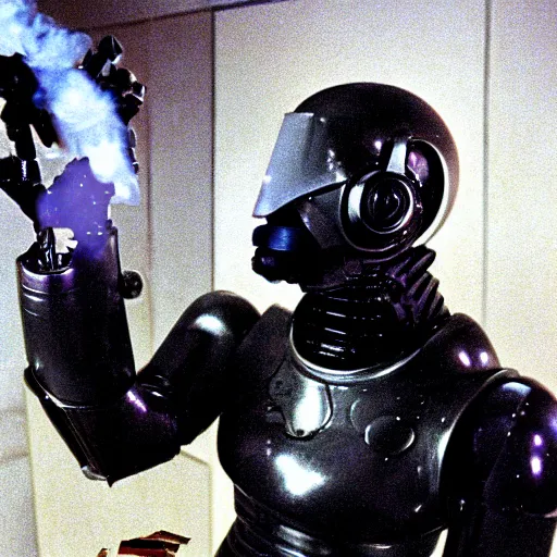 Prompt: robocop smoking a cigarette, 1990s paparazzi photography