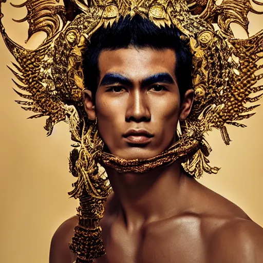 Prompt: a portrait of a beautiful young balinese male wearing an alexander mcqueen armor , photographed by andrew thomas huang, artistic