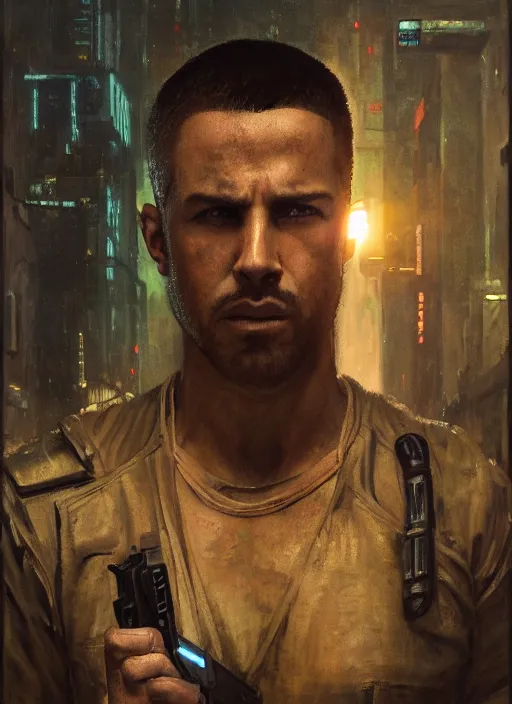 Image similar to Cyberpunk prison guard (blade runner 2049, cyberpunk 2077). Orientalist portrait by john william waterhouse and James Gurney and Theodore Ralli and Nasreddine Dinet, oil on canvas. Cinematic, hyper realism, realistic proportions, dramatic lighting, high detail 4k