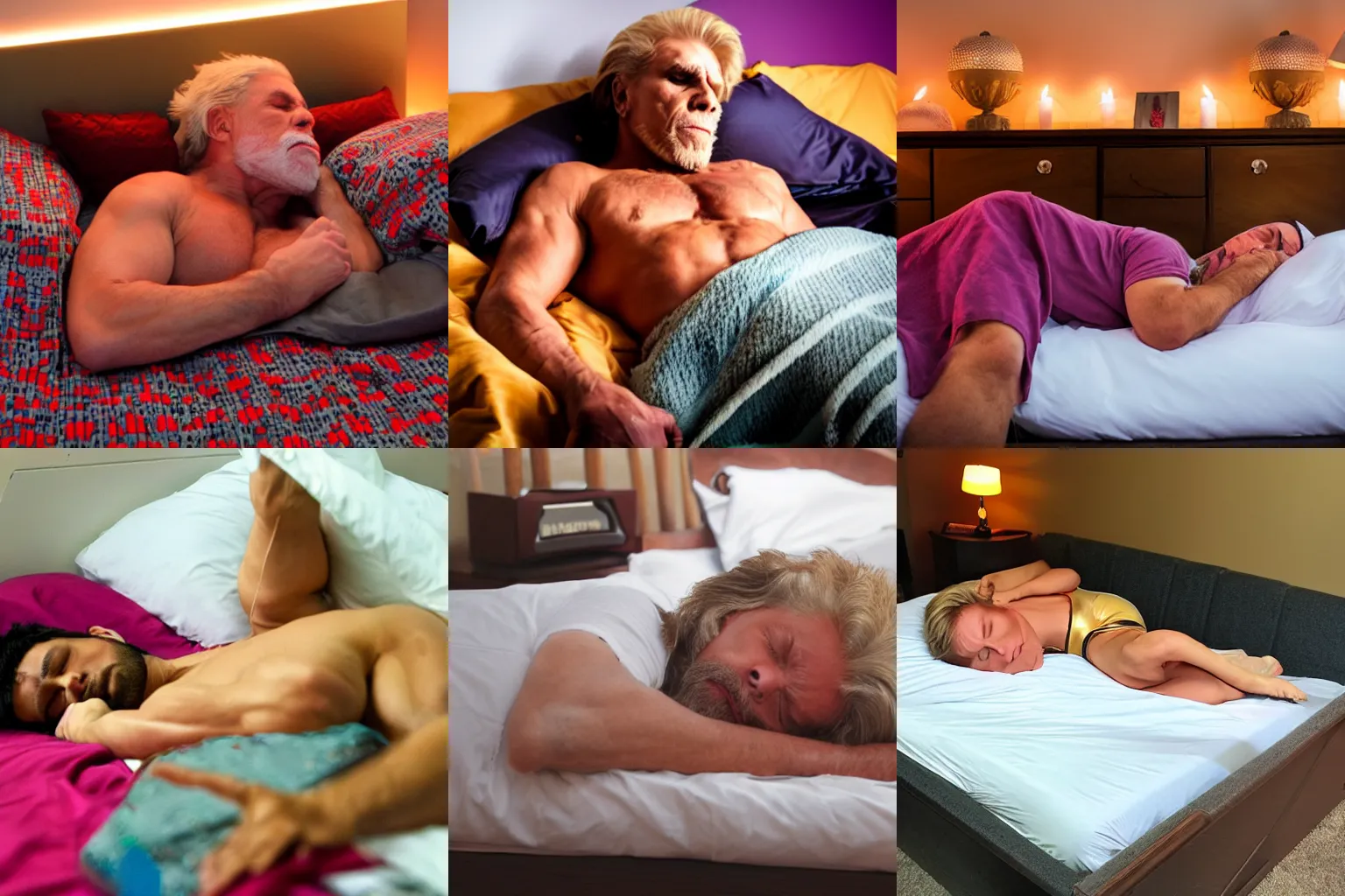 Prompt: The Ultimate Warrior sleeping in bed