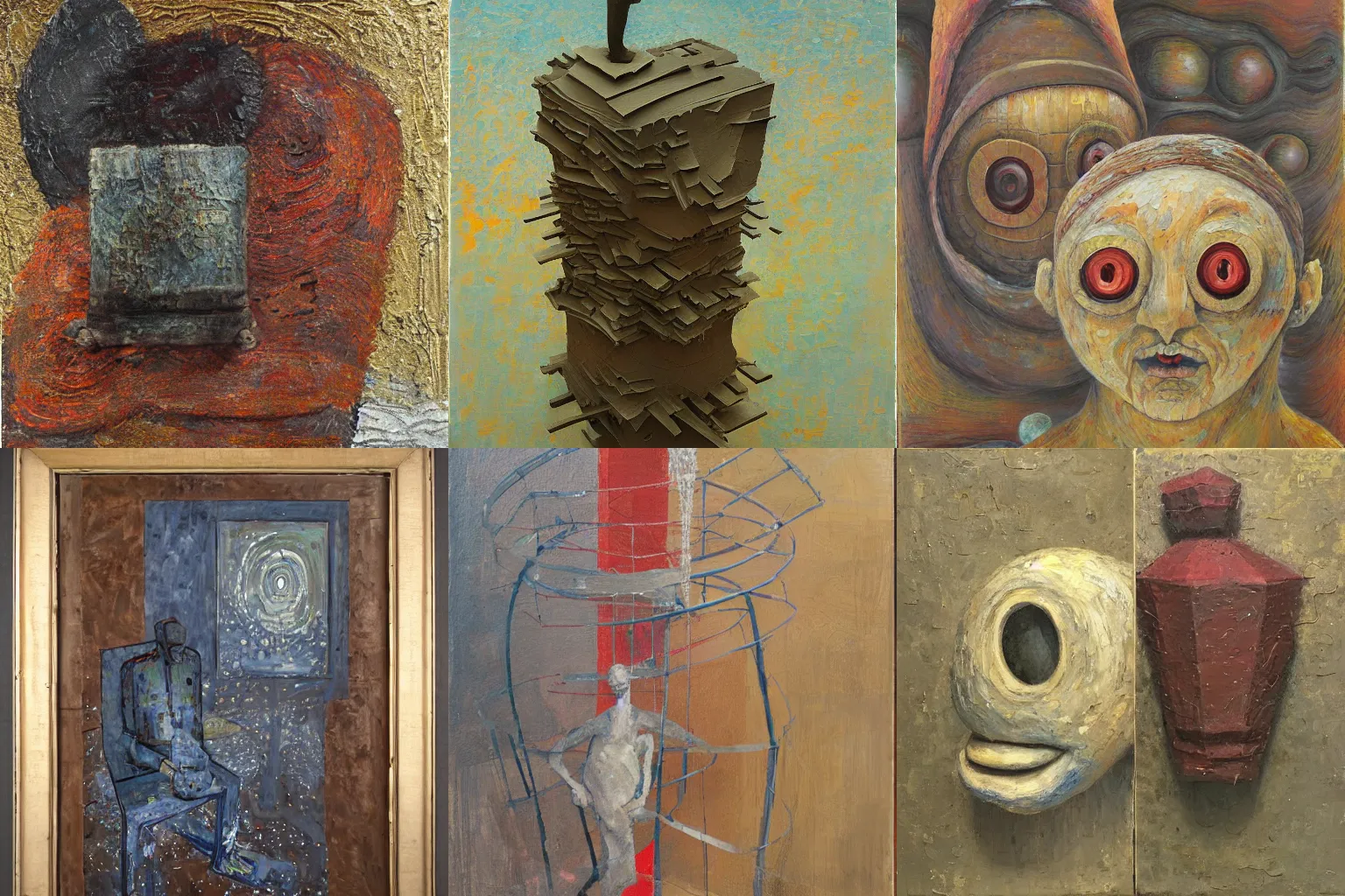 Prompt: a detailed, impasto painting by shaun tan and louise bourgeois of an abstract forgotten sculpture by ivan seal and the caretaker, mysterious