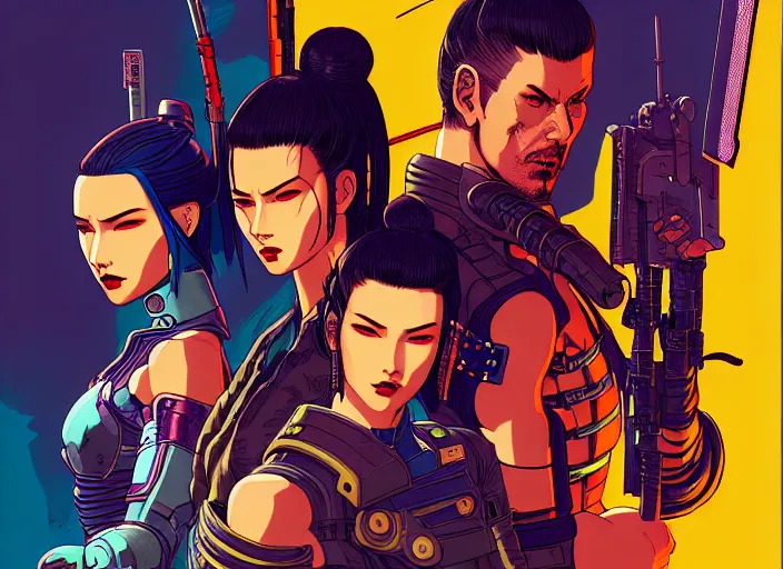 Prompt: cyberpunk samurai squad. portrait by stonehouse and mœbius and will eisner and gil elvgren and pixar. character design. realistic proportions. cyberpunk 2 0 7 7 character art, blade runner 2 0 4 9 concept art. cel shading. attractive face. thick lines. the team. diverse characters. artstationhq.