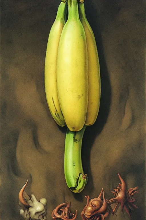 Image similar to a banana in the style of wayne barlowe, gustav moreau, goward, bussiere, roberto ferri, santiago caruso, luis ricardo falero, austin osman spare