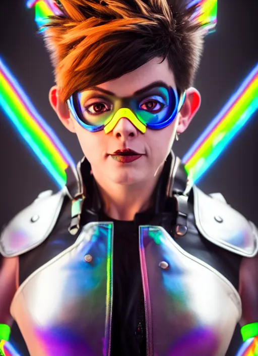 Image similar to hyperrealistic style portrait of tracer overwatch, confident pose, wearing black iridescent rainbow latex, rainbow, neon, 4 k, expressive happy smug expression, makeup, in style of mark arian, wearing detailed black leather collar, wearing sleek armor, black leather harness, expressive detailed face and eyes,