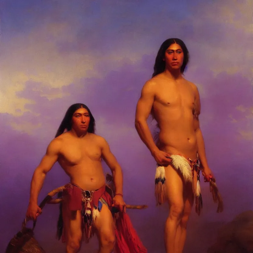 Image similar to handsome american indian in a loincloth, posing against a royal purple backdrop by ivan aivazovsky, oil painting, beautiful soft lighting, saturated colours, artstation