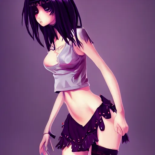 Image similar to goth anime girl in mini skirt and crop top intricate, extremely detailed, digital painting, artstation, concept art, smooth, sharp focus, illustration, sensual lighting, incredible art,