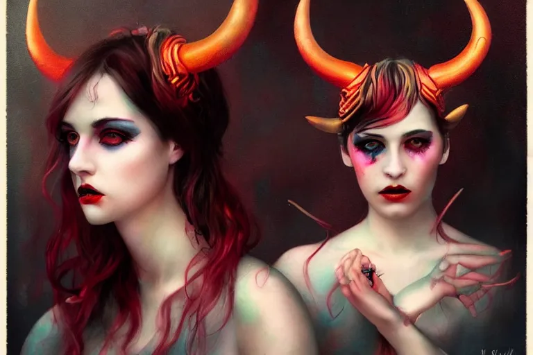 Image similar to pretty demon girl with horns photograph in the style of tom bagshaw, colorful, realistic, 8 k