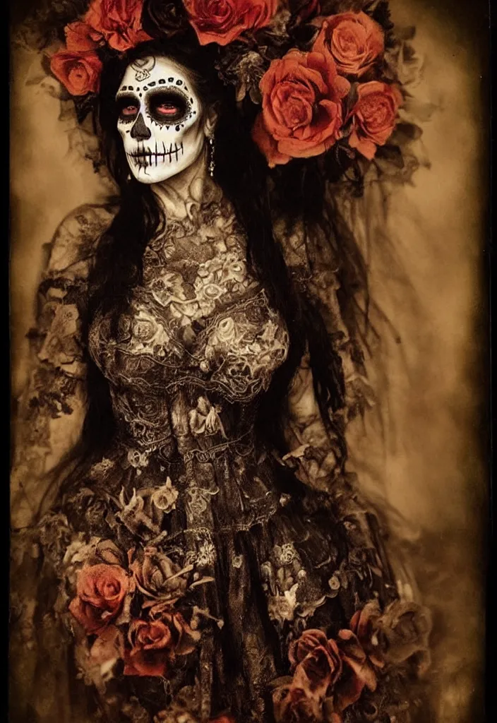 Image similar to tintype full body view, veiled dia de muertos dress and make up, horrific beautiful vibe, evocative, atmospheric lighting, painted, intricate, highly detailed,