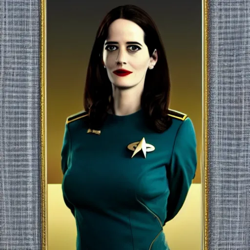 Image similar to a full body photograph of 3 0 year old eva green as a star fleet officer from star trek next generation, extreme realism and detail, 8 k, completely framed, direct lighting, 3 5 mm photo, photorealistic, sharp focus