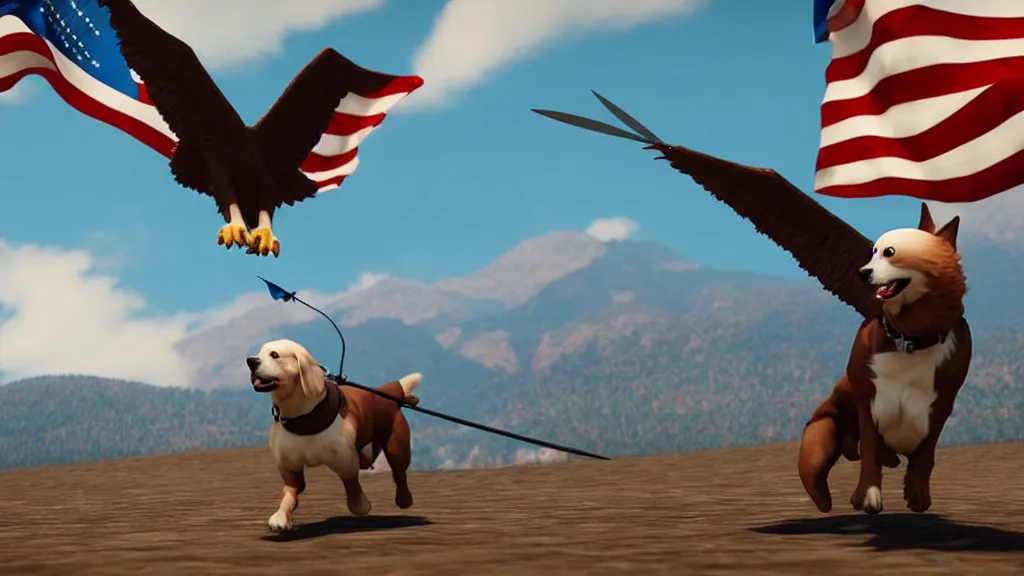 Image similar to a dog with a trident flying with a bald eagle, patriotic, highly detailed, unreal engine