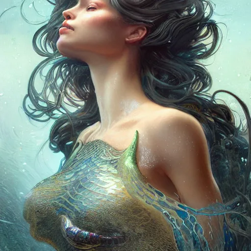 Image similar to a mermaid stuck in a giant puddle of motor oil, ultra realistic, concept art, intricate details, highly detailed, photorealistic, octane render, 8 k, unreal engine. art by artgerm and greg rutkowski and magali villeneuve and alphonse mucha