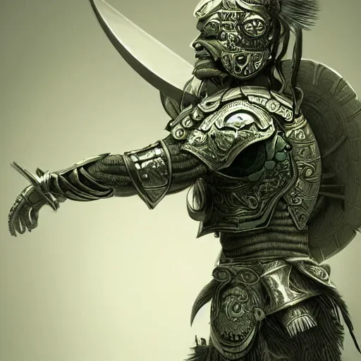 Image similar to maya warrior in a ornated armor preparing for war, full body, dynamic pose, green and gray neon, concept art, intricate details, highly professionally detailed, cgsociety, highly detailed -