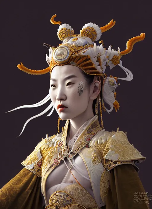 Image similar to subsurface scattering, white, koi, female samurai deity with filigree ivory armor, by jesper ejsing, james jean, justin gerard, tomasz alen kopera, cgsociety and fenghua zhong, highly detailed, rim light, cinematic lighting, illustration, art, octane render, very coherent, cinematic, hyper realism, high detail, 8 k