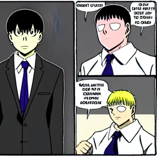 Prompt: reigen from mob psycho 1 0 0 commiting tax fraud