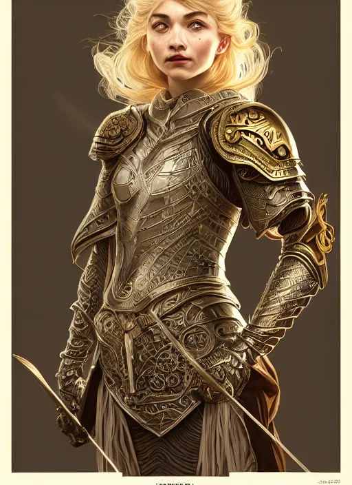 Image similar to centered portrait, Imogen Poots as a D&D paladin, blonde hair, intricate metal armour, Art Nouveau, beautiful retro Fantasy heroine 1985, intricate, elegant, highly detailed, centered, digital painting, trending on artstation, concept art, smooth, sharp focus, illustration, art by raphael lacoste, eddie mendoza, Mucha, alex ross, WLOP