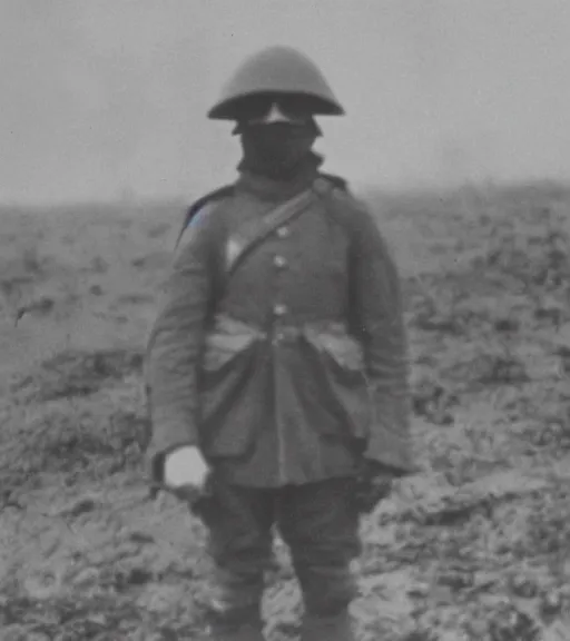 Prompt: a soldier wearing a scary mask in distance, ww1 film photo, grainy, high detail, high resolution