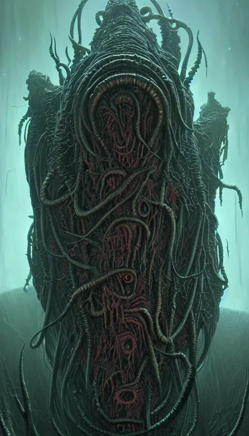 Image similar to stunning portrait of grotesque and horrifying great old ones, victorian era, lovecraftian horror, cosmic horror!! cinematic lighting, horror fiction, digital art, winning award masterpiece, fantastically beautiful, aesthetically inspired by wayne barlowe and gerald brom, trending on artstation, art by greg rutkowski, octane render, 8 k