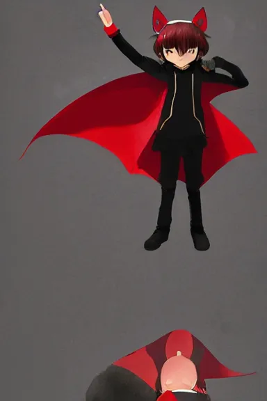 Prompt: little boy with cat ears in an black outfit with red cape. digital artwork made by lois van baarle and kentaro miura, sharpness focus, inspired by hirohiko araki, anatomically correct, heroic composition, hero pose, smooth, symmetrical