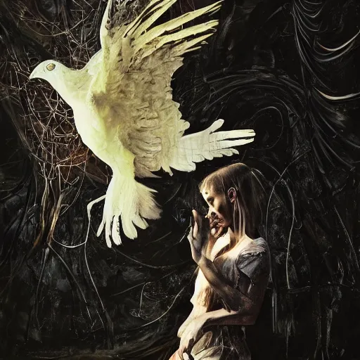 Image similar to artemixel, white crow bringing rabbit leg to a occult witch by android jones and m. c. escher collaboration, futurist, digital art, dramatic lighting by nicola samori and jeffrey smith, oil on canvas