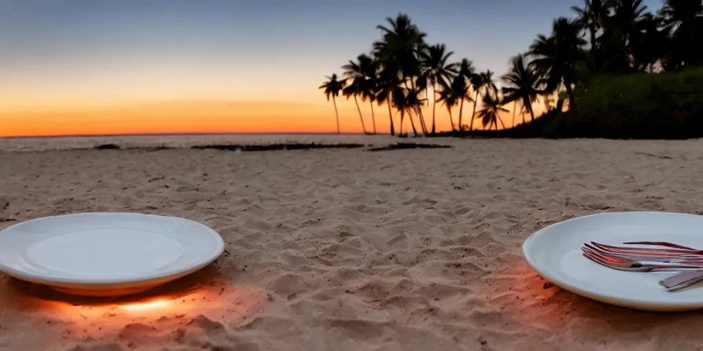 Prompt: professional photo of an empty white dish over a table with a sunset on the beach in the background