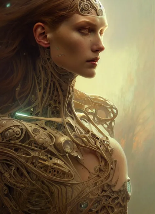 Image similar to ancient organic cyborg, diffuse lighting, fantasy, intricate, elegant, highly detailed, lifelike, photorealistic, digital painting, artstation, illustration, concept art, smooth, sharp focus, art by John Collier and Albert Aublet and Krenz Cushart and Artem Demura and Alphonse Mucha