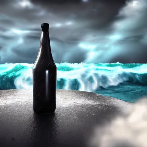 Image similar to an ocean with big waves and a storm inside a bottle, digital painting, high contrast, unreal engine render, volumetric lighting, high détail