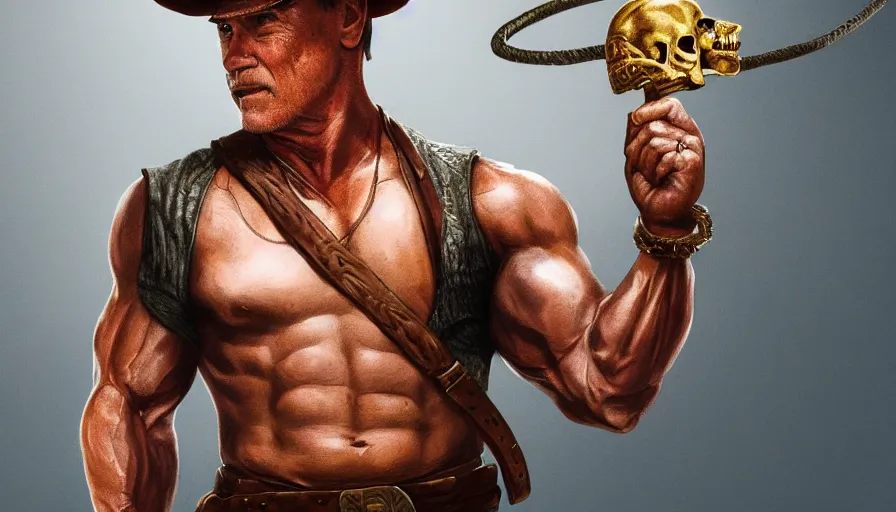 Image similar to arnold schwarzenegger as indiana jones holding a whip in left hand and holding a golden mayan skull in the right hand, grey background, hyperdetailed, artstation, cgsociety, 8 k