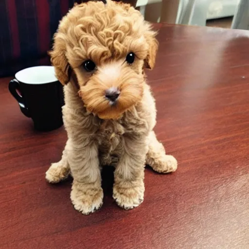 Image similar to very realistic cute light brown poodle puppy sitting inside a tea cup