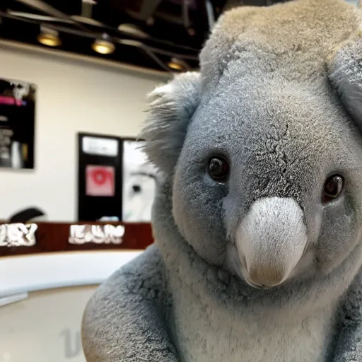 Image similar to a marble statue of a koala dj in front of a marble statue of a turntable. the koala has wearing large marble headphones.