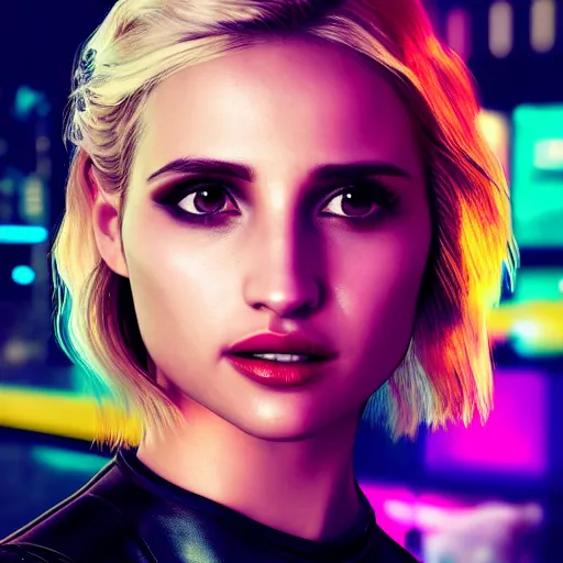 Image similar to dianna agron portrait, Cyberpunk 2077, photorealistic, ultra detailed, cybernetic body parts, neon, octane, bokeh, 8k