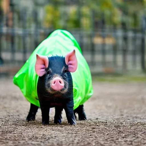 Image similar to cute pig in a green raincoat, photograph