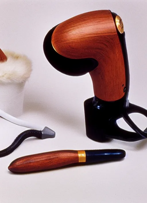 Image similar to realistic photo of a a medieval ritual chemistry appliance hairdryer, made of wood white clay and fur with black wires 1 9 9 0, life magazine reportage photo, natural colors, metropolitan museum collection