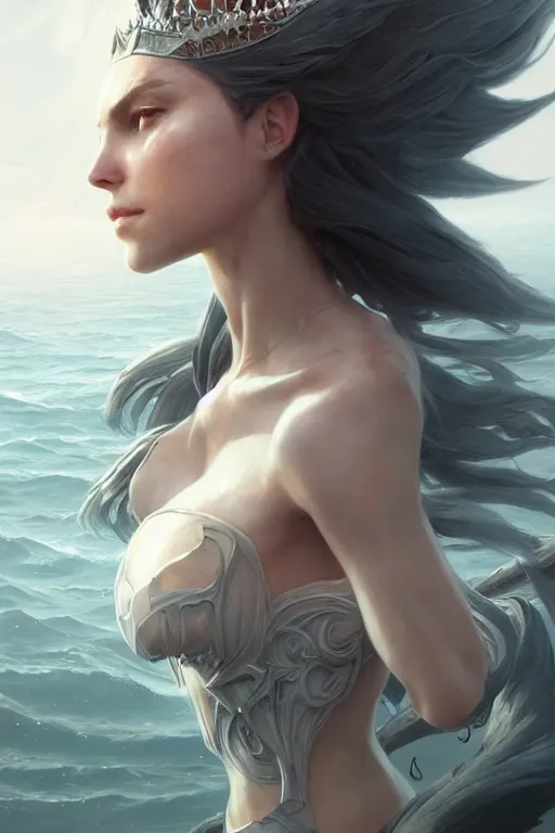 Image similar to sea queen, mysterious, highly detailed, digital painting, artstation, concept art, smooth, sharp focus, illustration, unreal engine 5, 8 k, art by artgerm and greg rutkowski and edgar maxence