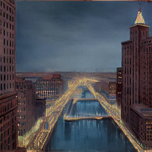 Image similar to muted color ultra realistic painting of a balcony view of 1 9 2 5 boston downtown at night, the sky is distorted and broken like a smashed mirror, and the foreground looks like it is underwater, dark, brooding, night, atmospheric, ultra - realistic, smooth, highly detailed in the style of clyde caldwell
