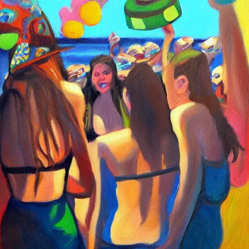 Image similar to “springbreak party, oil painting by mark tennant”