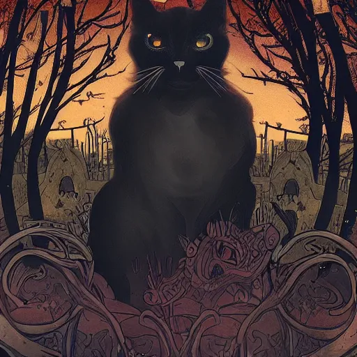 Image similar to an ultra detailed animation of a black cat with bats in a graveyard at midnight on halloween tattoo, digital art, dark fantasy, concept art, soulslike, by alphonse mucha, blood moon eclipse, ruined building in the background, artstation, 8 k, unreal engine render