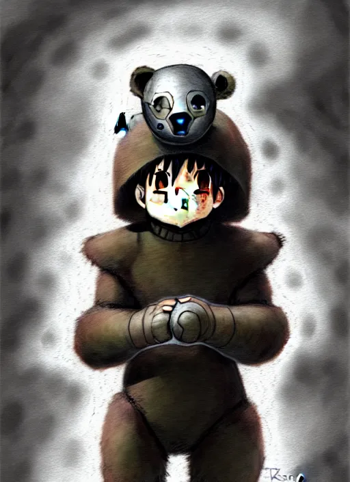 Image similar to beautiful little boy wearing an cyborg bear suit, artwork in kentaro miura and made in abyss and rosdraws, smooth, beautiful lightness, anatomically correct, trending on pixiv, forest