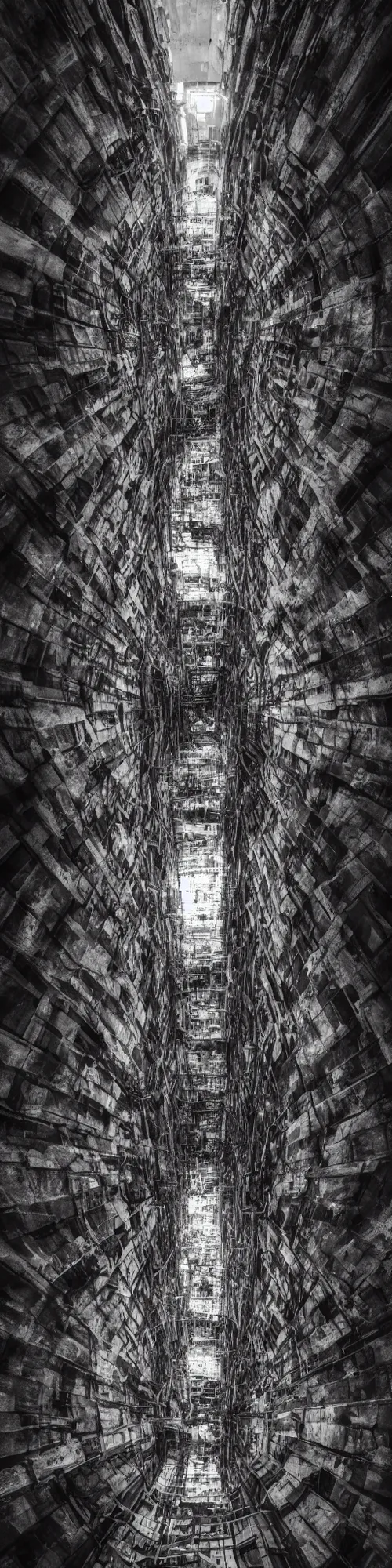 Image similar to a vertical prison in a pit with a hole in the center where every day a platform full of food goes up and down. dark style, filmography, cinematic lighting, side view