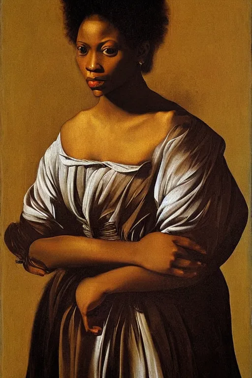 Prompt: Portrait of an Afroamerican noble lady by Caravaggio, renaissance style, oil painting