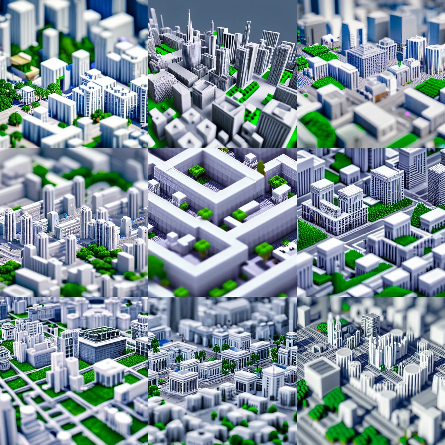 Prompt: extremely detailed voxel city, white finish, clean design, extreme-close-up, 85mm, ND4, Tilt-shift, wide-angle