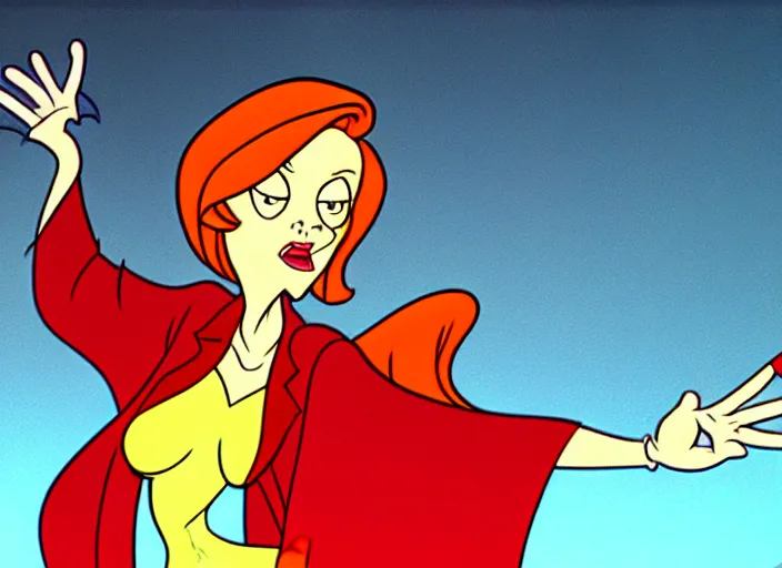 Image similar to dana scully in dragon's lair, shaded cartoon cel, animation model, sharp detail, thin linework, in the style of don bluth, filmation, toei animation, studio trigger, 5 k, hd