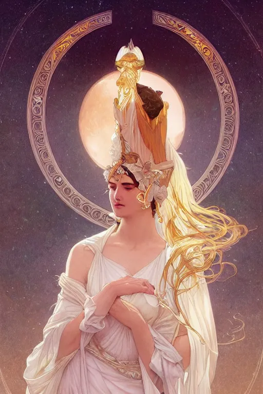 Image similar to goddess of the Moon, elegant, highly detailed, digital painting, artstation, concept art, smooth, sharp focus, illustration, ArtStation, art by artgerm and greg rutkowski and alphonse mucha and J. C. Leyendecker and Edmund Blair Leighton and Charlie Bowater