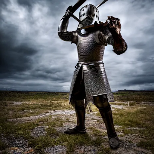 Image similar to a medieval knight in full armor, shooting an ak - 4 7. 4 k, hdr.