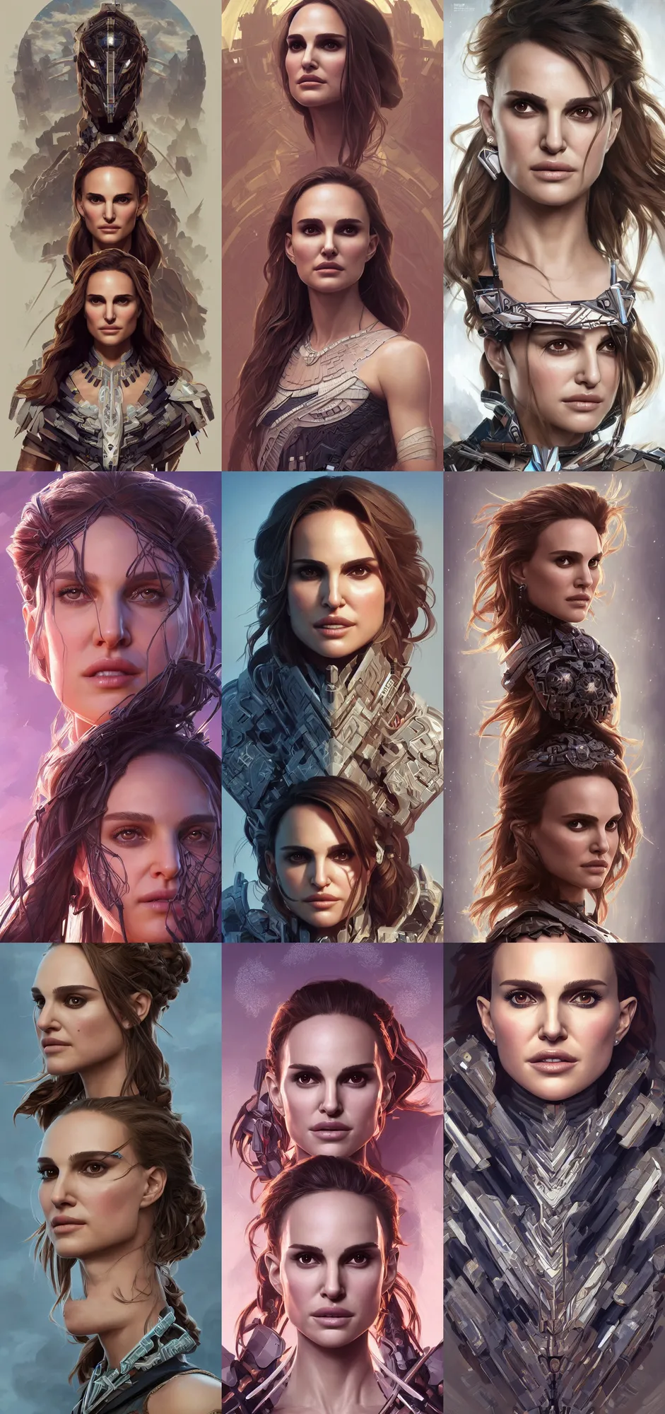 Image similar to symmetry!! portrait of natalie portman in the style of horizon zero dawn, machine face, intricate, elegant, highly detailed, digital painting, artstation, concept art, smooth, sharp focus, illustration, art by artgerm and greg rutkowski and alphonse mucha, 8 k