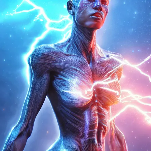 Image similar to photography of a hyper realistic highly detailed stunning expressive humanoid creature, controls complex and highly detailed blue lightning strikes as a super power. professionnal digital art, artstatiom, stuning, intricate, complex, unreal engine 5.