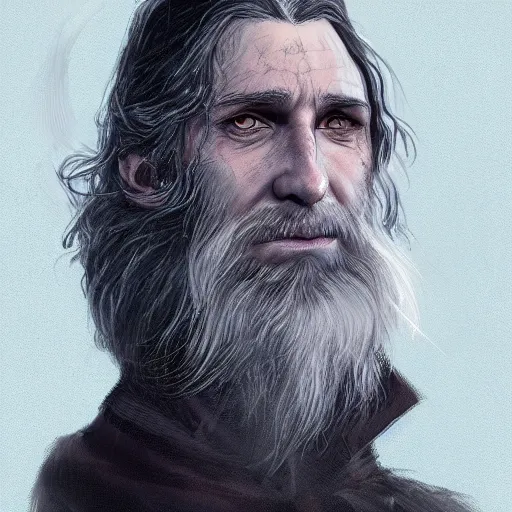 Prompt: a highly detailed portrait of a man without a beard, purple eyes, light gray long hair, wearing a black cloak, artstation, DeviantArt, professional, digital art