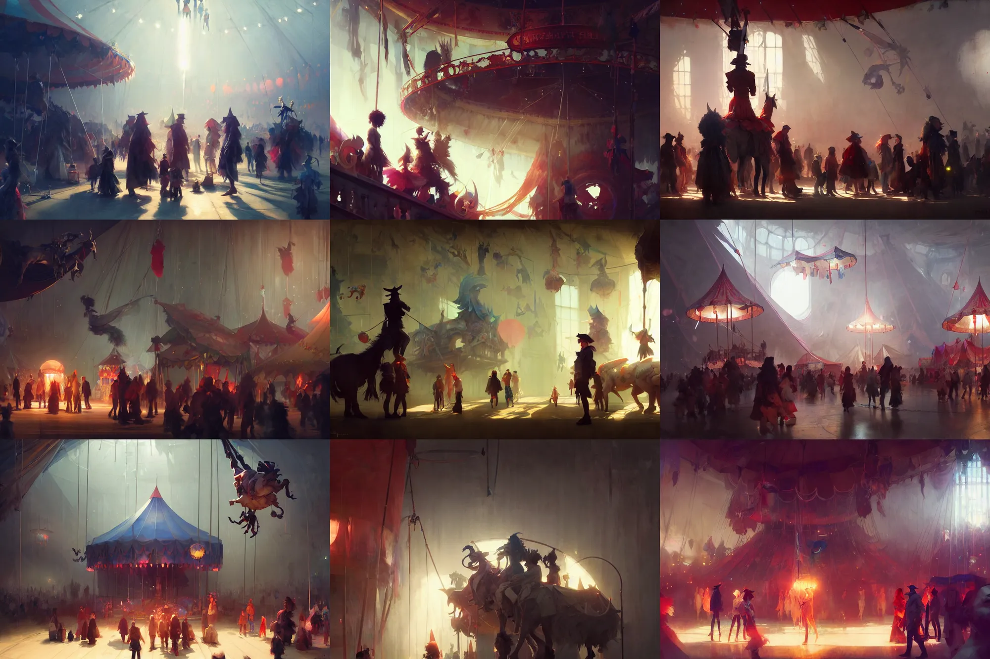 Prompt: close up group of friends exploring the witchlight carnival, big top circus tent, highly detailed, digital painting, concept art, matte, art by ruan jia and wlop and greg rutkowski and makoto shinkai, masterpiece