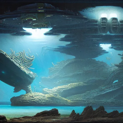 Image similar to a stunning painting of alien underwater landscape of lush flora, remnants of old spaceship, sea creatures emerging, morning, by Giger and Ralph McQuarrie and Bruce Pennington, cinematic lighting, hyper realism, high detail, octane render, 8k, iridescent accents