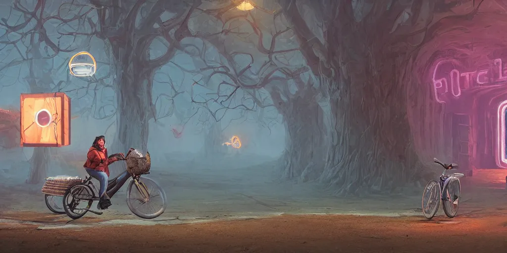 Image similar to A owl riding a bike through a portal. Detailed digital matte painting in the style of simon stalenhag