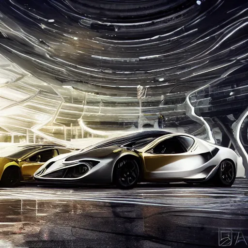 Image similar to ten several cars: center composition, cars portraits, ground view, motherboard forms designed by zaha hadid, sci-fi futuristic ultra realistic photography, keyshot render, octane render, unreal engine 5 lumen, high oiled liquid glossy specularity reflections, ultra detailed, golden hour, dramatic lighting 4k, 8k, 16k in the style ofblade runner 2049 Cyberpunk 2077 ghost in the shell thor 2 marvel film : tilt shift: sharp focus